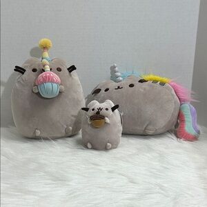Plush Gray Cat Trio with Unicorn & Party Accessories